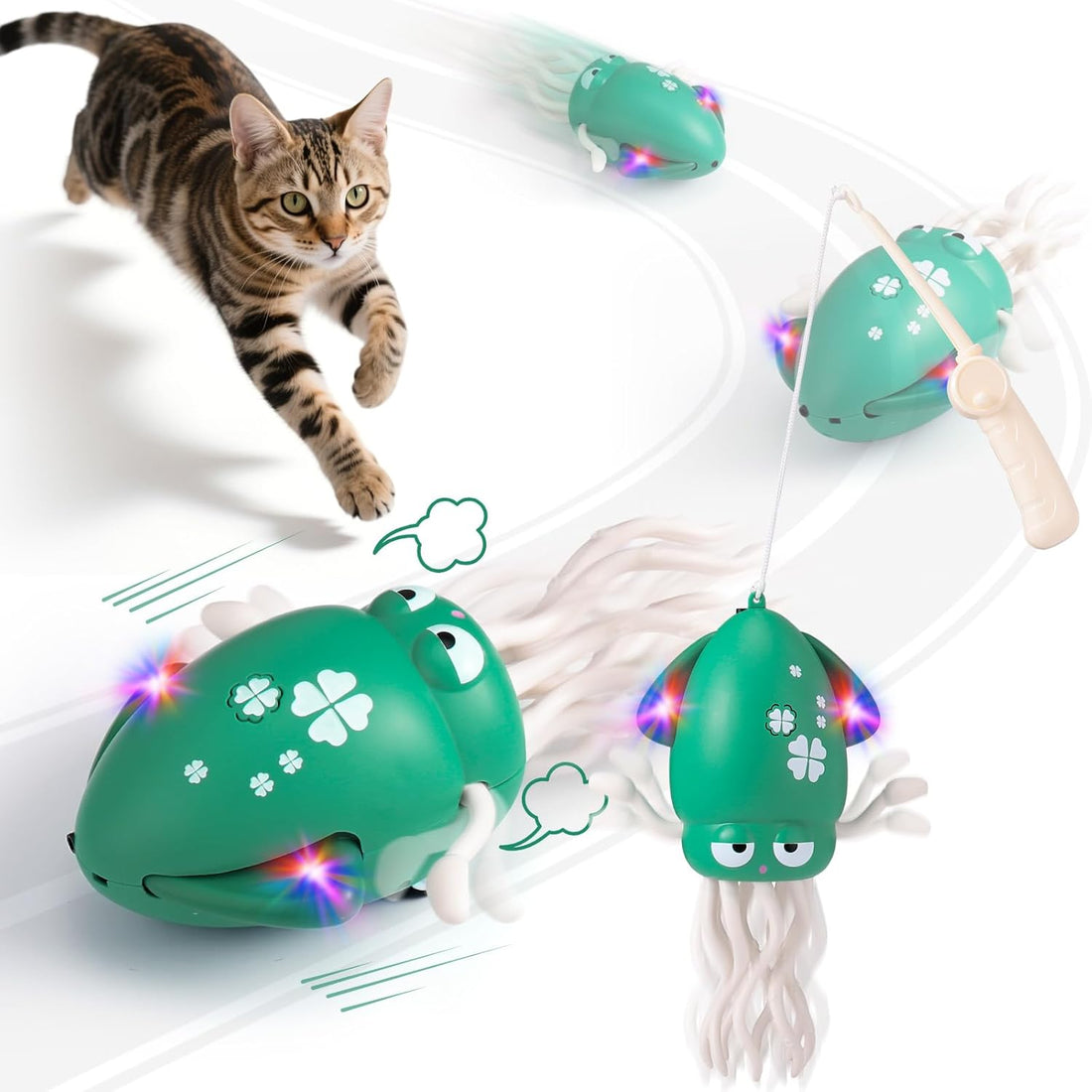 Cat chasing a glowing green robotic bug toy with white paw prints and clover designs, featuring motion blur and light effects to show interactive movement—ideal for stimulating feline play and exercise.