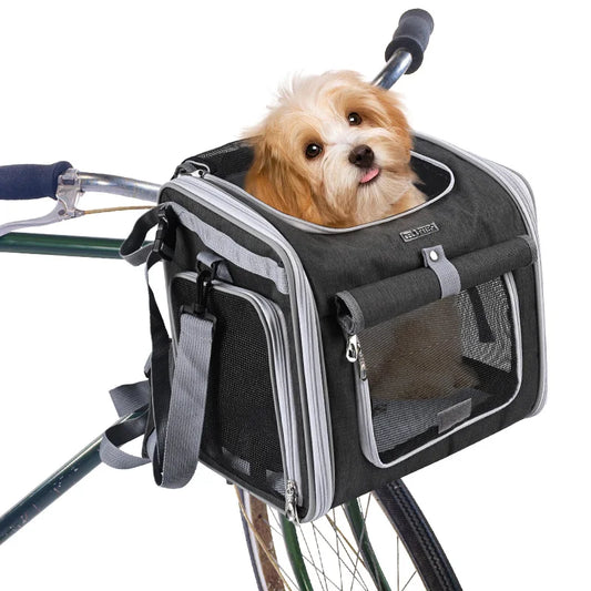 Dog Bike Basket Expandable Soft Sided Pet Carrier Backpack with 4 Open Doors Foldable Dog Bike Carrier