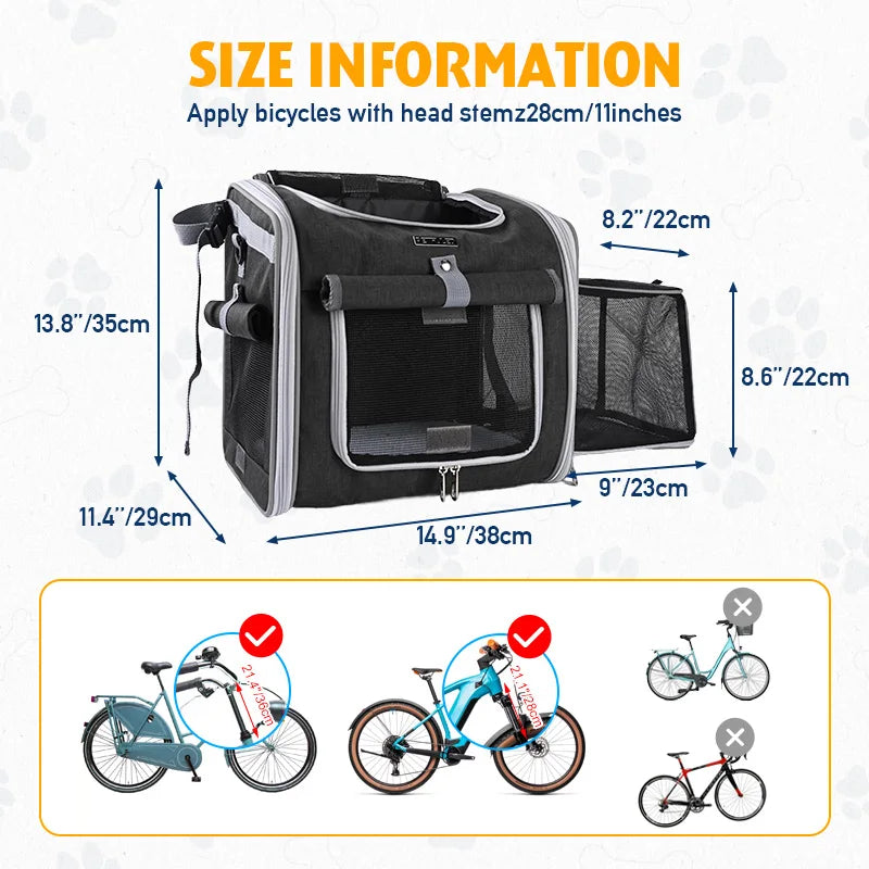 Dog Bike Basket Expandable Soft Sided Pet Carrier Backpack with 4 Open Doors Foldable Dog Bike Carrier