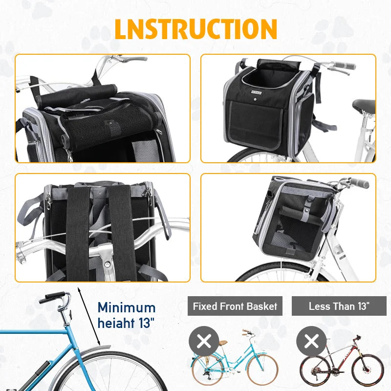 Dog Bike Basket Expandable Soft Sided Pet Carrier Backpack with 4 Open Doors Foldable Dog Bike Carrier