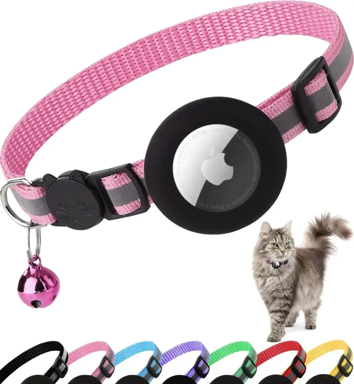 0.4 - Inch Cat Positioning Collar. Detachable Air Tag Holder, Reflective, with Bell. Fits Cats, Pairs with Apple Air Tag.