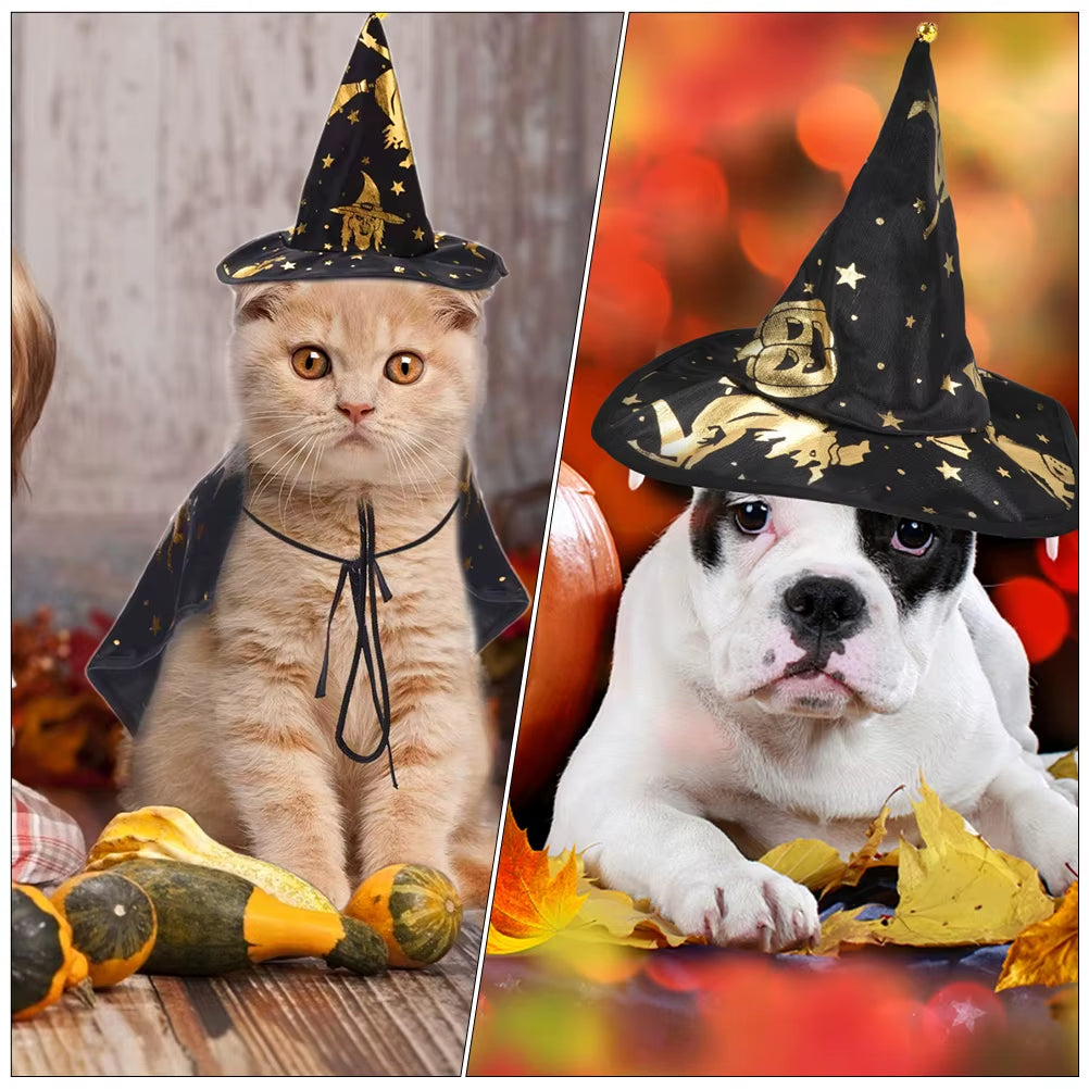 Pet Costume Cape and Wizard Hat Set for Halloween Outfit Small Cosplay for Cats Accessories Decoration Dog Funny Party Supply