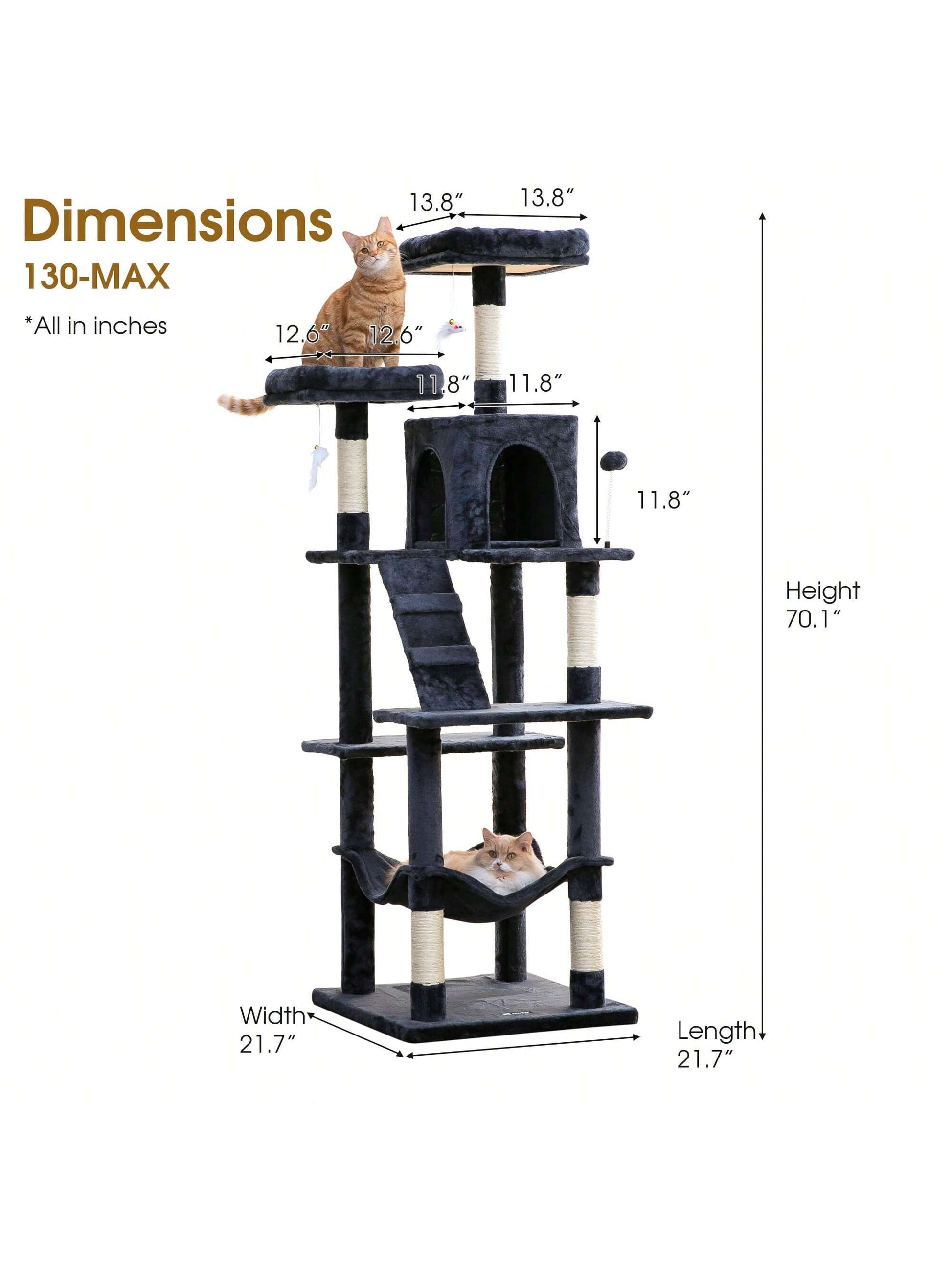 MWPO 70.1-Inch Large Cat Tree, Multi-Level Tall Cat Tower for Indoor Cats, Plush Cat Condo with Big Padded Perches, Sisal-Covered Scratching Posts, Hammock, Toys for Kittens & Cats