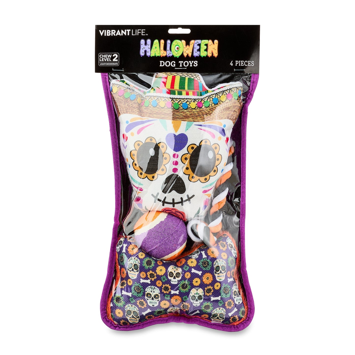 Halloween Dog Toys, 4 Piece Multipack, Day of the Dead Plush Sugar Skull, Purple Squeaky Bone, Multicolored Tennis Ball, Multicolored Chew Rope
