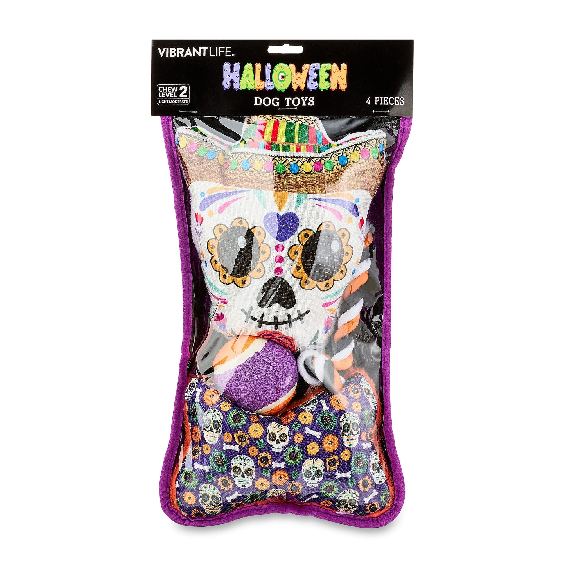 Halloween Dog Toys, 4 Piece Multipack, Day of the Dead Plush Sugar Skull, Purple Squeaky Bone, Multicolored Tennis Ball, Multicolored Chew Rope