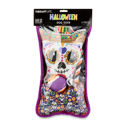 Halloween Dog Toys, 4 Piece Multipack, Day of the Dead Plush Sugar Skull, Purple Squeaky Bone, Multicolored Tennis Ball, Multicolored Chew Rope