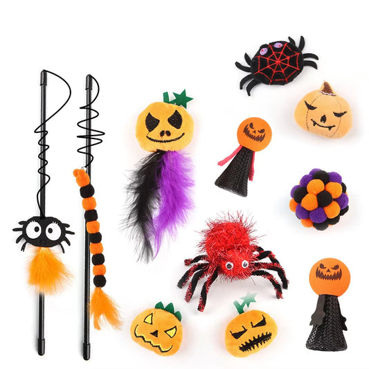 20 Styles Assorted Halloween Cat Toy Accessories Set Multiple Plush Interactive Cat Wand Spider Feather Pet Toys