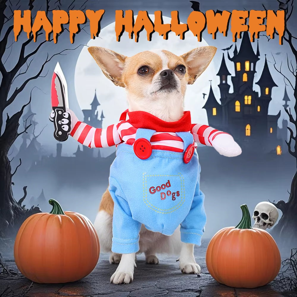 Funny Dog Clothes Halloween Costume for Small Medium Large Dogs Festival Knife Holding Puppy Cosplay Suit Party Gift Pet Apparel