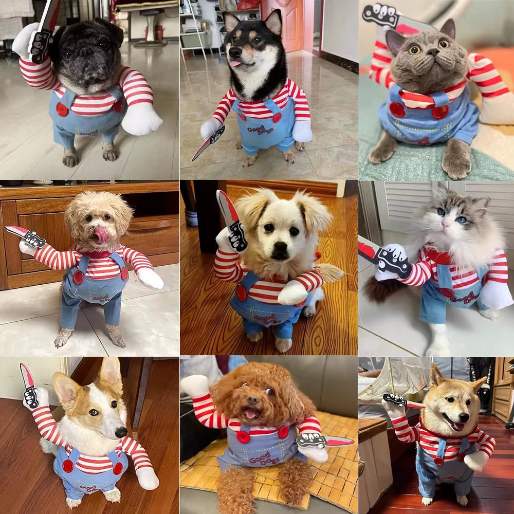Funny Dog Clothes Halloween Costume for Small Medium Large Dogs Festival Knife Holding Puppy Cosplay Suit Party Gift Pet Apparel