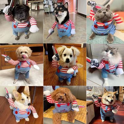 Funny Dog Clothes Halloween Costume for Small Medium Large Dogs Festival Knife Holding Puppy Cosplay Suit Party Gift Pet Apparel