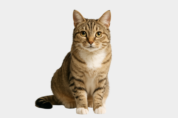 Tabby cat sitting on a white background
