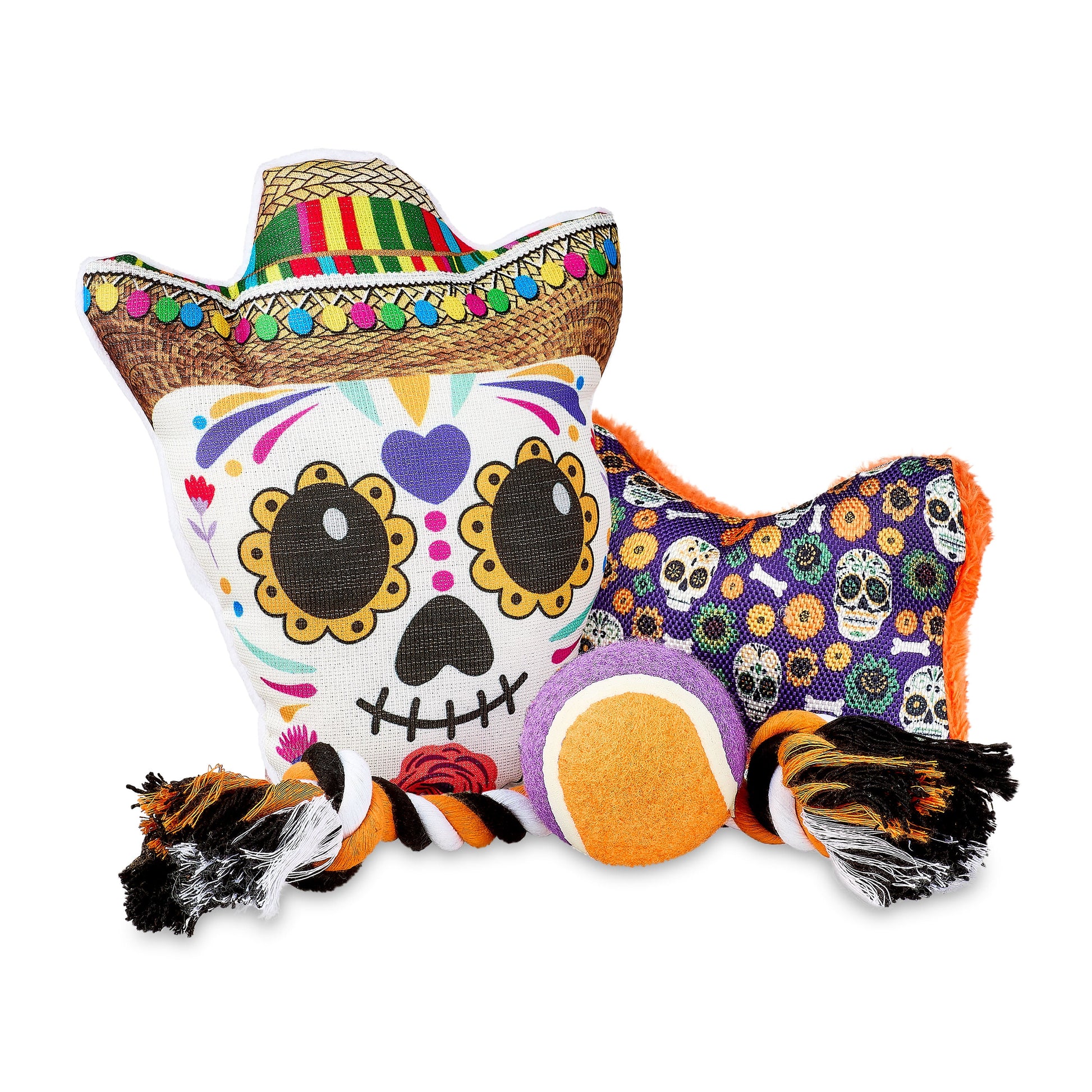 Halloween Dog Toys, 4 Piece Multipack, Day of the Dead Plush Sugar Skull, Purple Squeaky Bone, Multicolored Tennis Ball, Multicolored Chew Rope