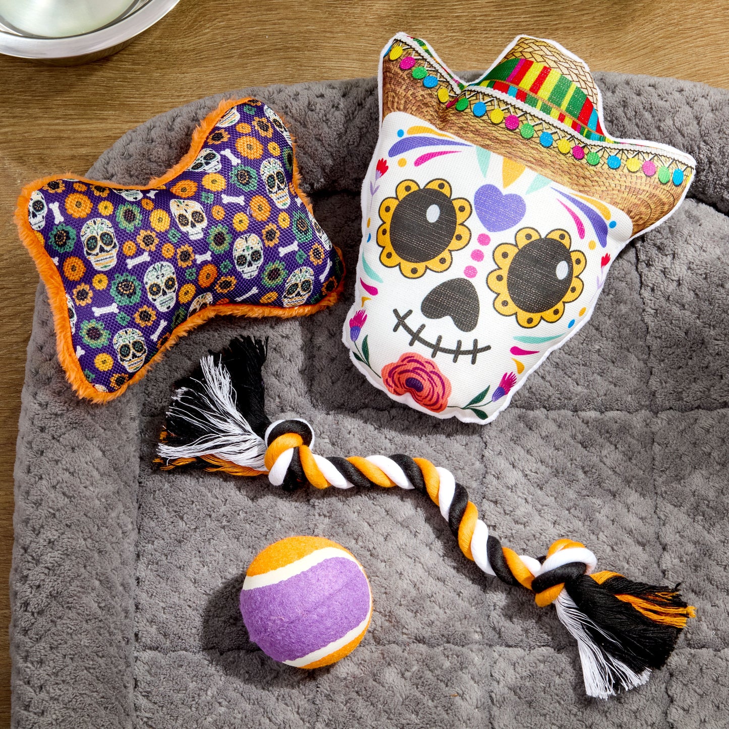 Halloween Dog Toys, 4 Piece Multipack, Day of the Dead Plush Sugar Skull, Purple Squeaky Bone, Multicolored Tennis Ball, Multicolored Chew Rope