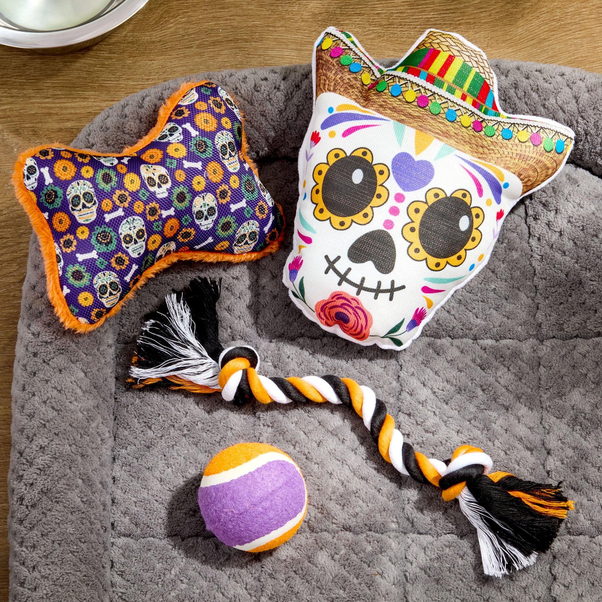 Halloween Dog Toys, 4 Piece Multipack, Day of the Dead Plush Sugar Skull, Purple Squeaky Bone, Multicolored Tennis Ball, Multicolored Chew Rope