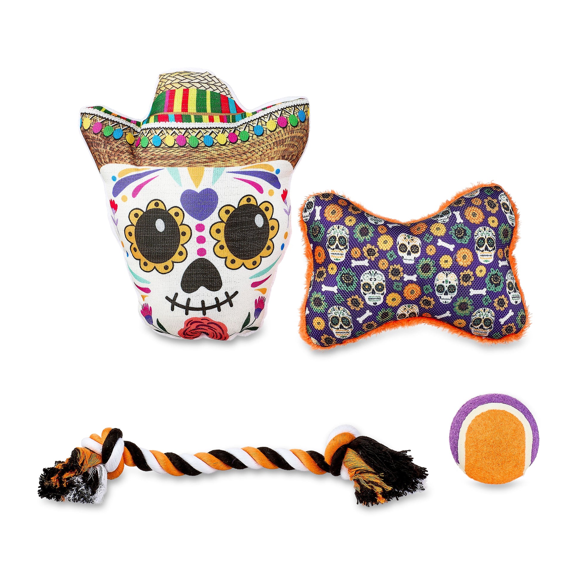 Halloween Dog Toys, 4 Piece Multipack, Day of the Dead Plush Sugar Skull, Purple Squeaky Bone, Multicolored Tennis Ball, Multicolored Chew Rope