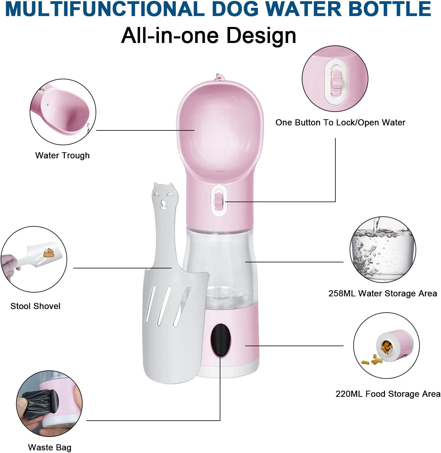 Dog Water Bottle 4 in 1 Portable Pet Dog Water Bottle Dispenser Leakproof Travel Dog Water Bottle Cat Dog Accessories with Drinking Feeding, Waste Bag and Poop Shovel for Walking Travel, Pink