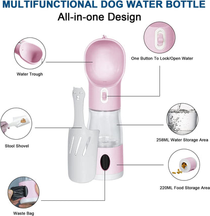 Dog Water Bottle 4 in 1 Portable Pet Dog Water Bottle Dispenser Leakproof Travel Dog Water Bottle Cat Dog Accessories with Drinking Feeding, Waste Bag and Poop Shovel for Walking Travel, Pink
