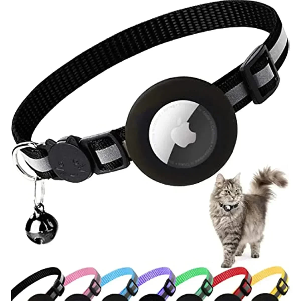 0.4 - Inch Cat Positioning Collar. Detachable Air Tag Holder, Reflective, with Bell. Fits Cats, Pairs with Apple Air Tag.