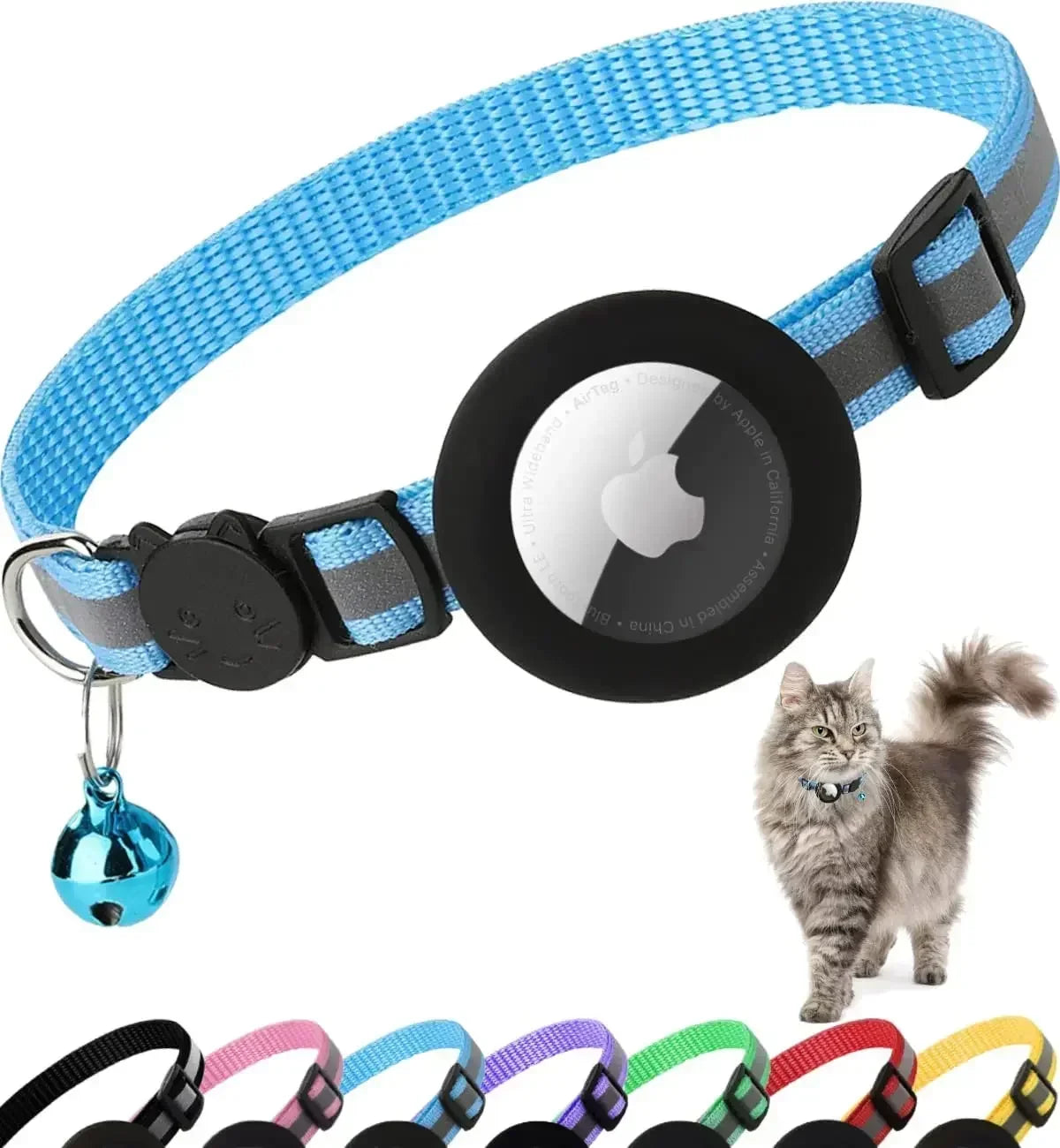 0.4 - Inch Cat Positioning Collar. Detachable Air Tag Holder, Reflective, with Bell. Fits Cats, Pairs with Apple Air Tag.
