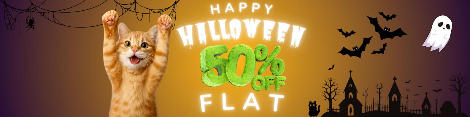 Cat celebrating Halloween with text 'Happy Halloween 50% OFF FLAT' on a spooky background.