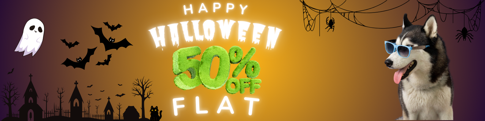 Halloween-themed promotional banner with a dog, ghosts, and bats on a dark background.