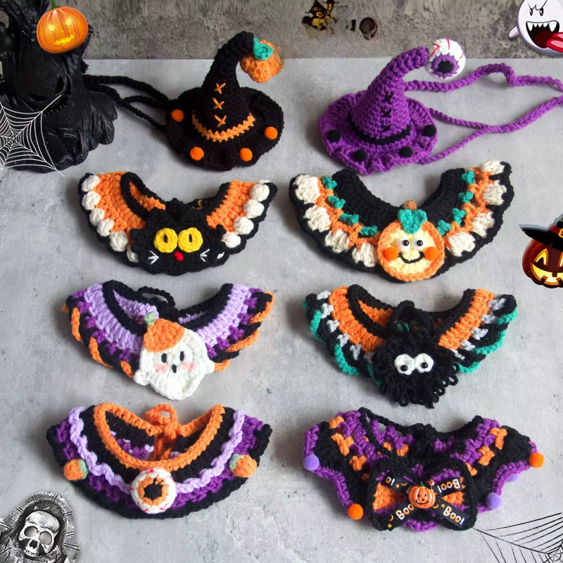 Halloween Pet Scarf Collar Bib Drool Towel Cat and Dog Decoration Halloween Yarn Funny Outfit Ghost Festival Hand-Woven Collars
