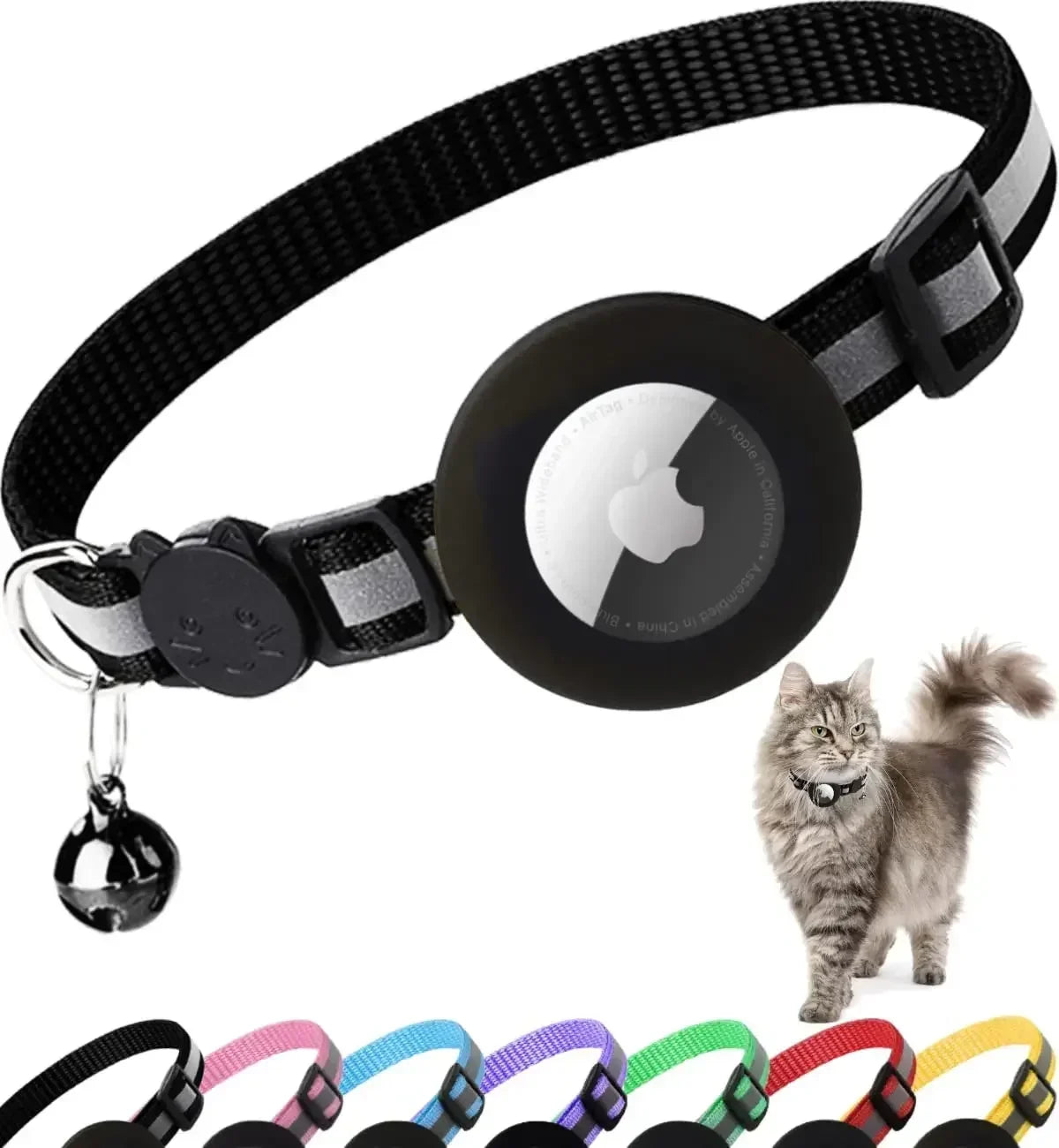 0.4 - Inch Cat Positioning Collar. Detachable Air Tag Holder, Reflective, with Bell. Fits Cats, Pairs with Apple Air Tag.