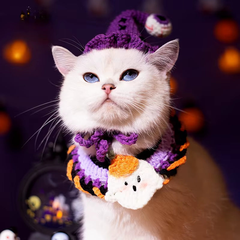 Halloween Pet Scarf Collar Bib Drool Towel Cat and Dog Decoration Halloween Yarn Funny Outfit Ghost Festival Hand-Woven Collars