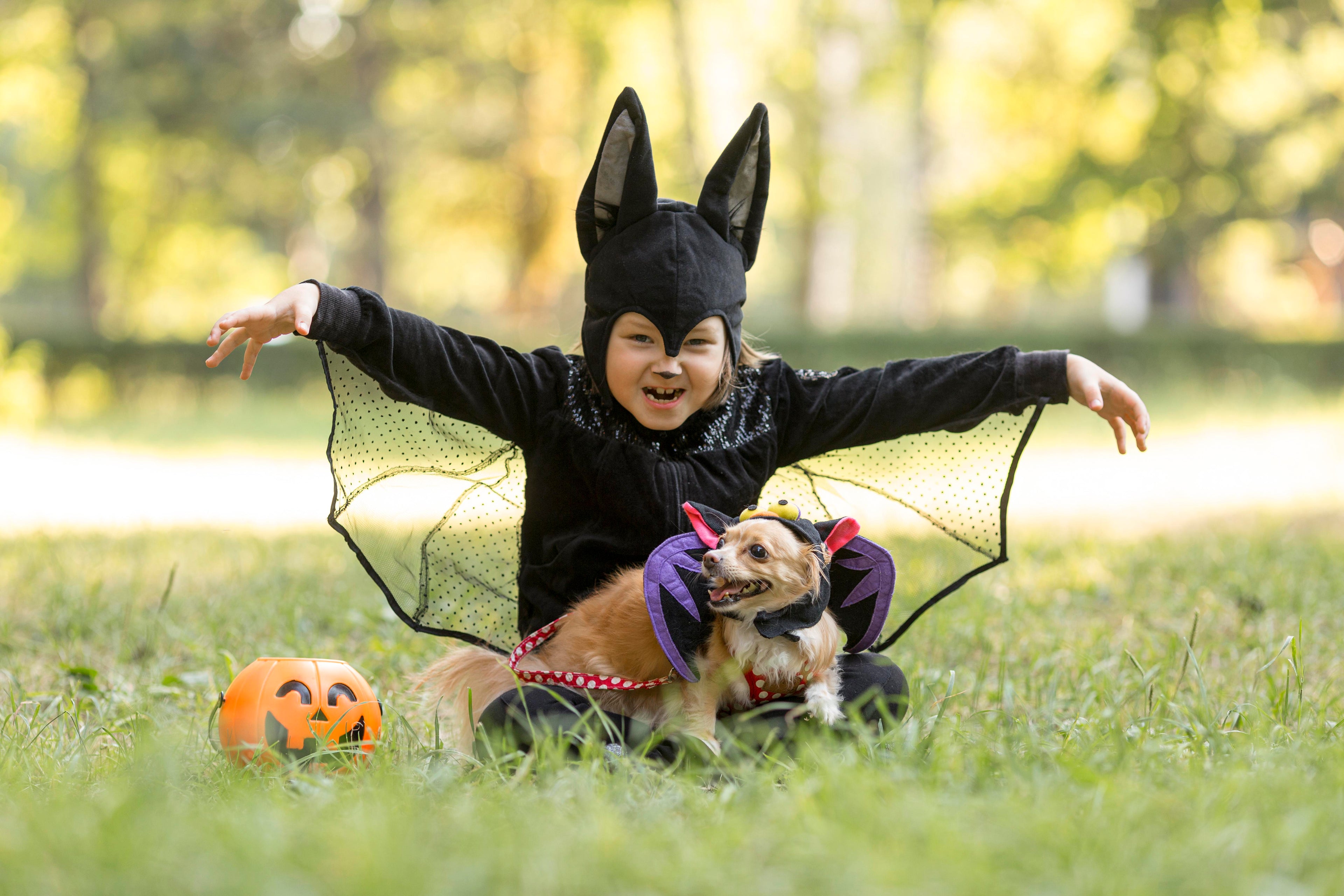 Child in a bat costume with a dog in a purple cape outdoors